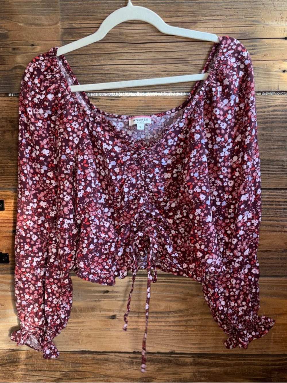 ANDREE BY UNIT Burgundy Floral Drawstring Peasant Blouse